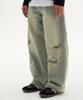 PLACESTUDIOMAN Pantalon Large en Jean Délavé Vintage avec Détails de Patchs Endommagés [Bleu Clair]