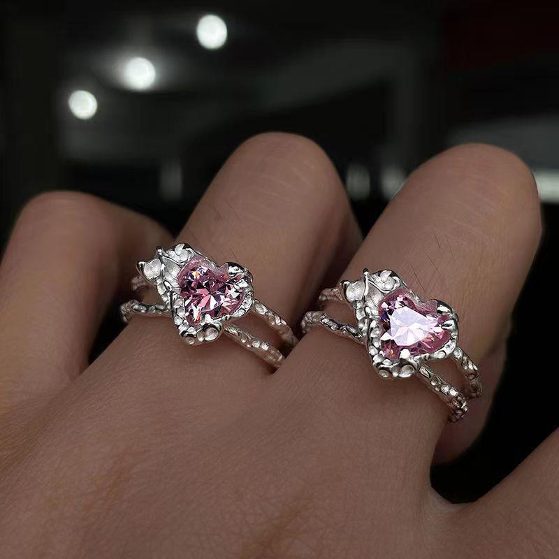 Bague Ouverte Double Couche Tendance Zircon Rose Amour