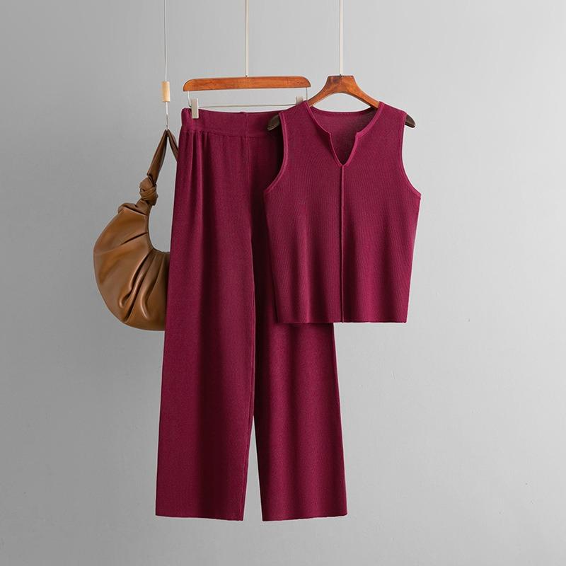 Summer New Simple Sleeveless Knitted Top Fashion Suit Casual Wide-leg Pants Two-piece Set Women