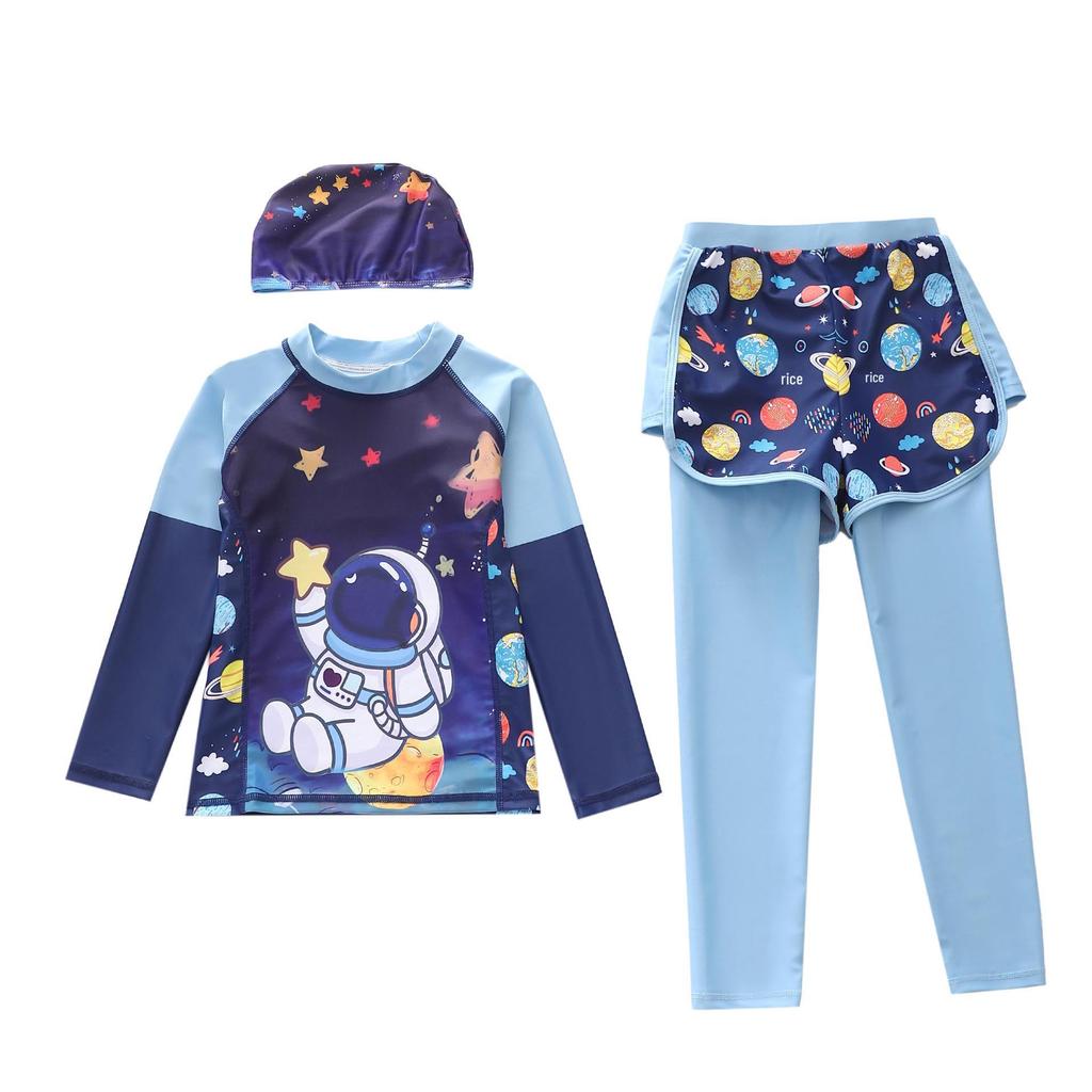 Boys' Quick-Dry Cartoon One-Piece Swimsuit with Long Sleeves and Sun Protection