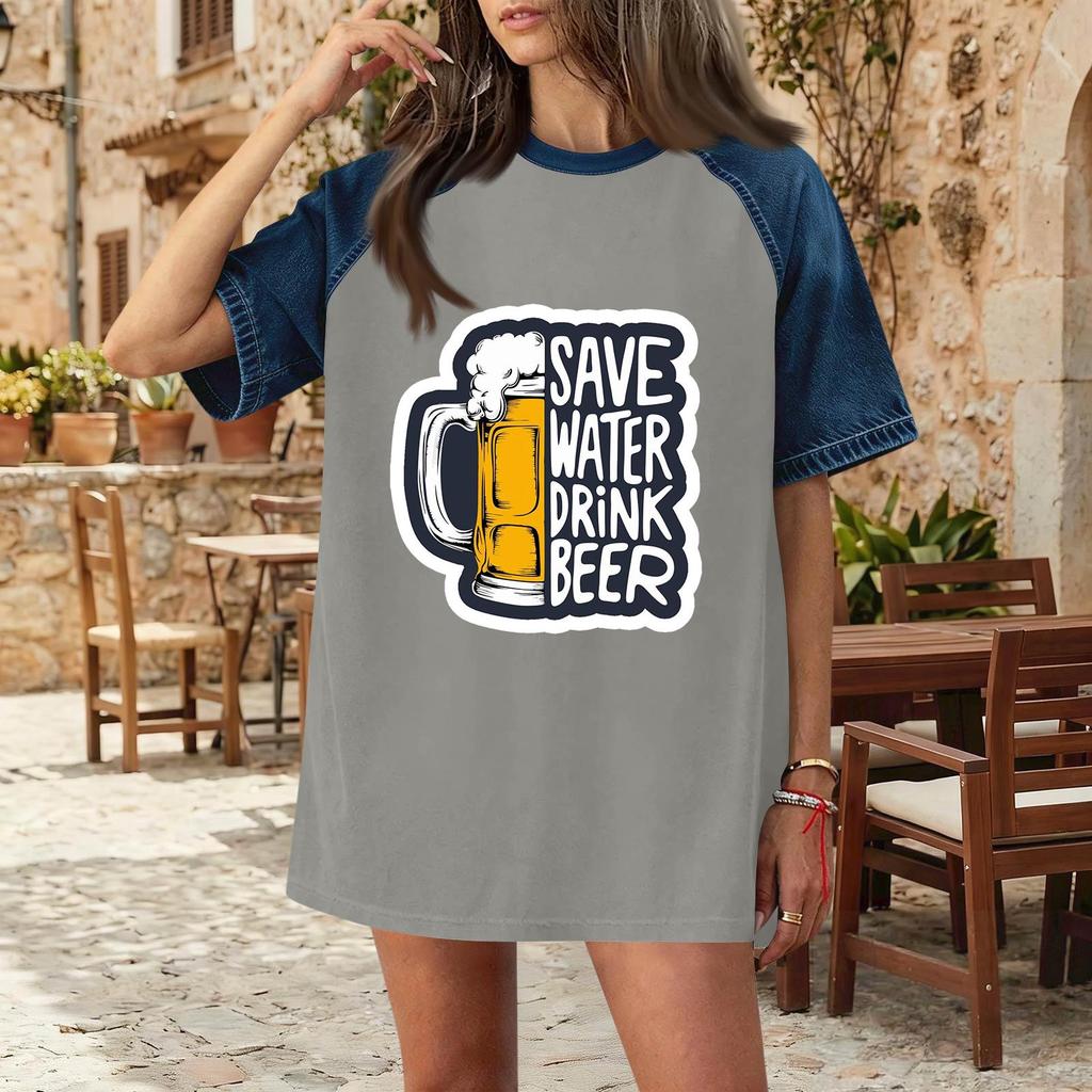 Casual Women Denim Patchwork Oktoberfest Graphic T Shirt Comfortable Short Sleeve Loose Fit Top for Daily Wear