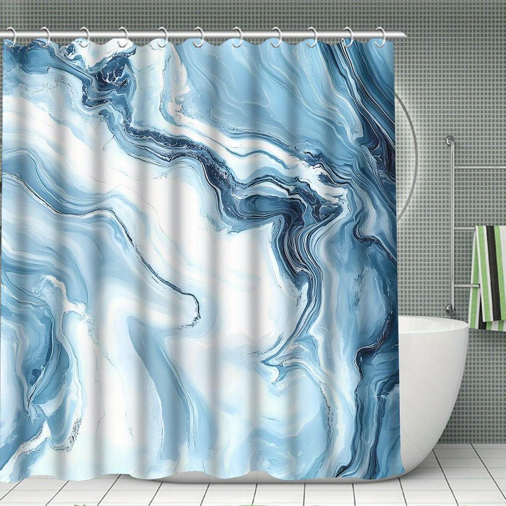 4Pcs Luxurious Blue Marble Shower Curtain Set with Non-Slip Bath Mat, Toilet Lid Cover, Contour Rug & 12 Hooks, Bathroom Decor