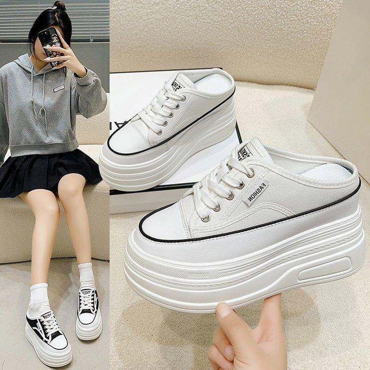Fashion Bag Head Half Slippers Women's Outer Wear 2025 Autumn New One-pedal Canvas Shoes Versatile Platform High-heeled Sandals