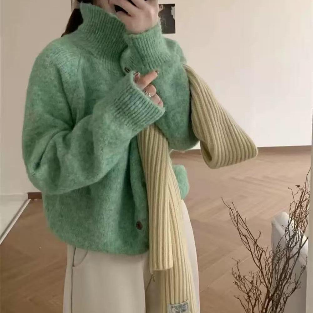 Women's High Neck Loose Knit Cardigan Jacket - Cozy Single-Breasted Outerwear for Autumn/Winter 2026