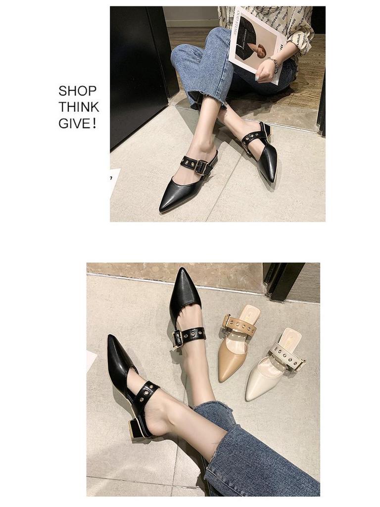 Women's 2025 Summer Korean Style Pointed Toe Closed Slippers with Belt Buckle & Chunky Heel