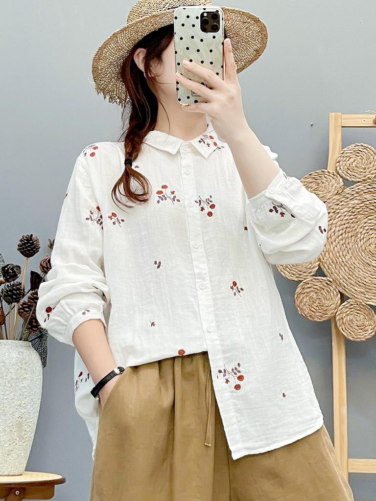 Damen Hemd im Wald-Stil aus Baumwollgaze mit Rosenstickerei - Hautfreundlich, Locker und Künstlerisch