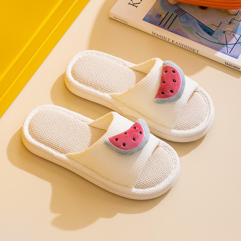 Elegant Hairy Slippers Fruit Linen Slippers Summer Home Indoor Sandals Slippers Simple Fabric Cotton Slippers Female Home Shoes Slippers Pink