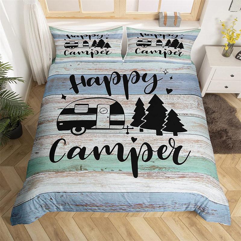 Happy Camping Dekbedovertrek Queen Cartoon Caravan Camping Beddengoedset Boerderij Stijl 3D Camper Dekbedovertrek Met Kussenslopen