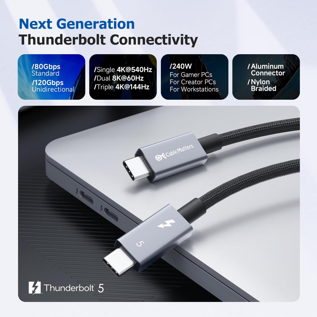Cable Matters 80Gbps Braided Thunderbolt 5 Cable To 120Gbps Bandwidth 240W Thunderbolt 5 Thunderbolt Black [Intel Certified] - 0.5m, [Up Boost,