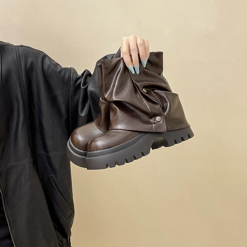 Sense of design British leather boots Rivet stacking boots Women's autumn and winter fashion thick-soled thin thick-heeled high-heeled Martin boots