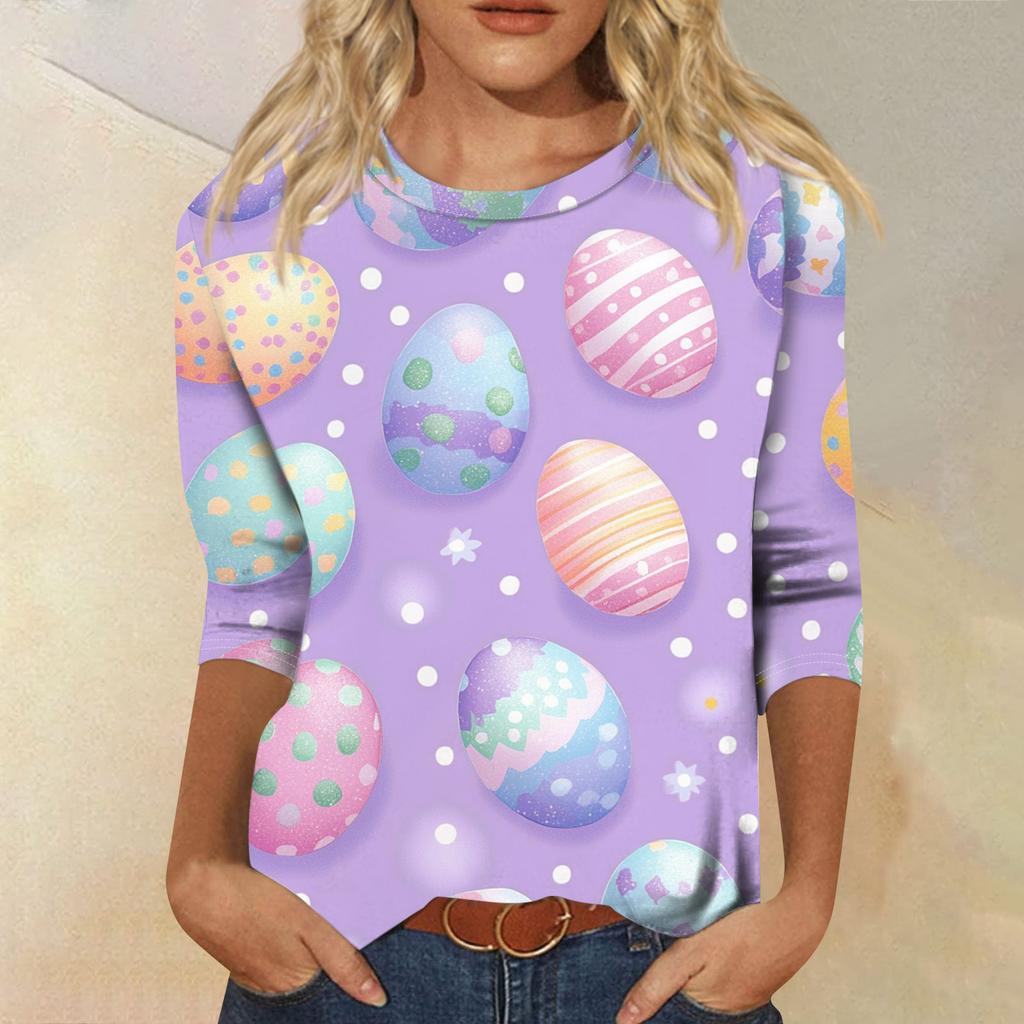 Top Pulóver Casual de Moda para Mujer con Mangas Tres Cuartos y Estampado de Pascua con Cuello Redondo