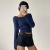 New Arrivals Open Run Women Cable Design Square Neck Crop Button Long Sleeve Kni