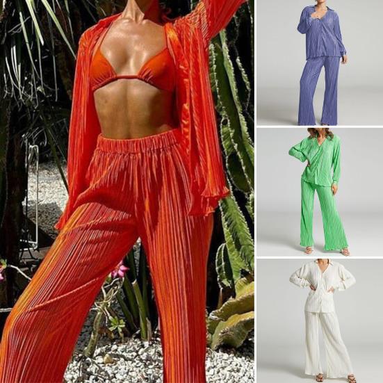 

2 шт./компл., женский костюм-рубашка и брюки, однотонный однобортный кардиган с длинными рукавами, повседневные брюки полной длины на ощупь S бежевый