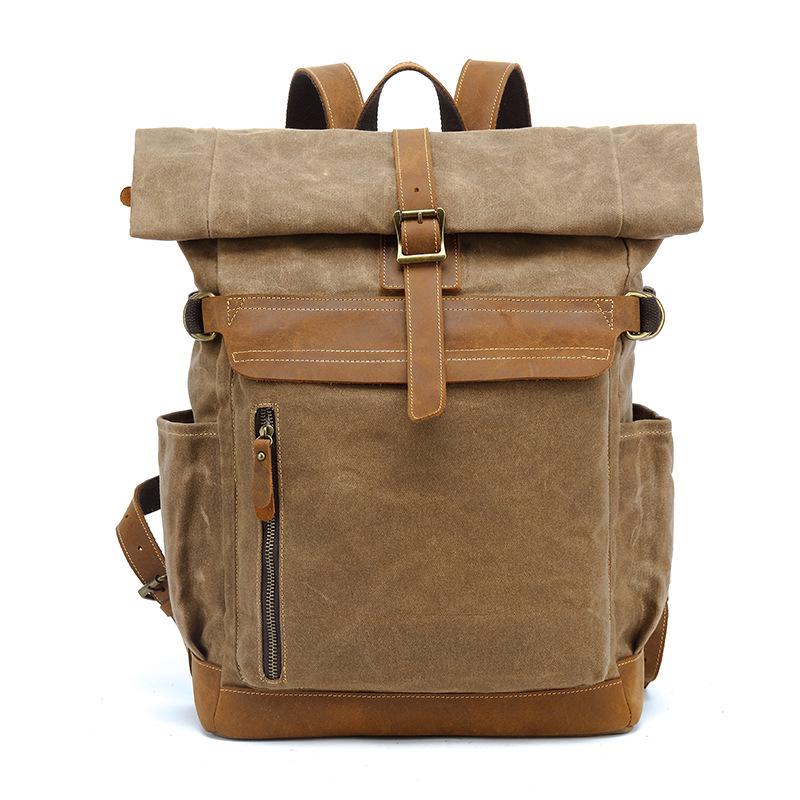 Men's Crazy Horse Leather Travel Backpack and Shoulder Bag with Waxed Canvas Laptop Compartment