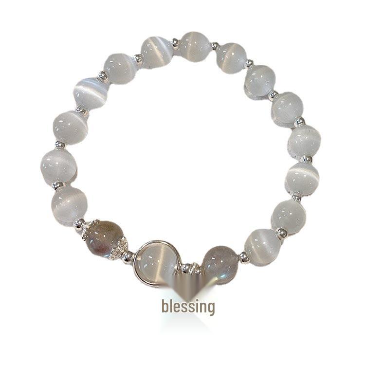 White Cat's Eye Stone Retro Grey Moonstone Bracelet - Women's Mori Style, Fairy-Inspired Niche Design