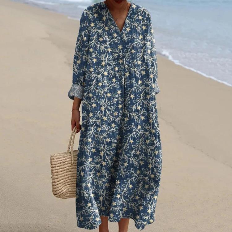 V Neck Short Sleeve Summer Beach Party Dress Loose Floral Print Women Holiday Robe Femme