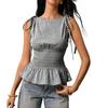 Women Sleeveless Plaid Vintage Checkered Slim Fit Shirred Waist Peplum Top with Tie Shoulder Straps Casual Blouse