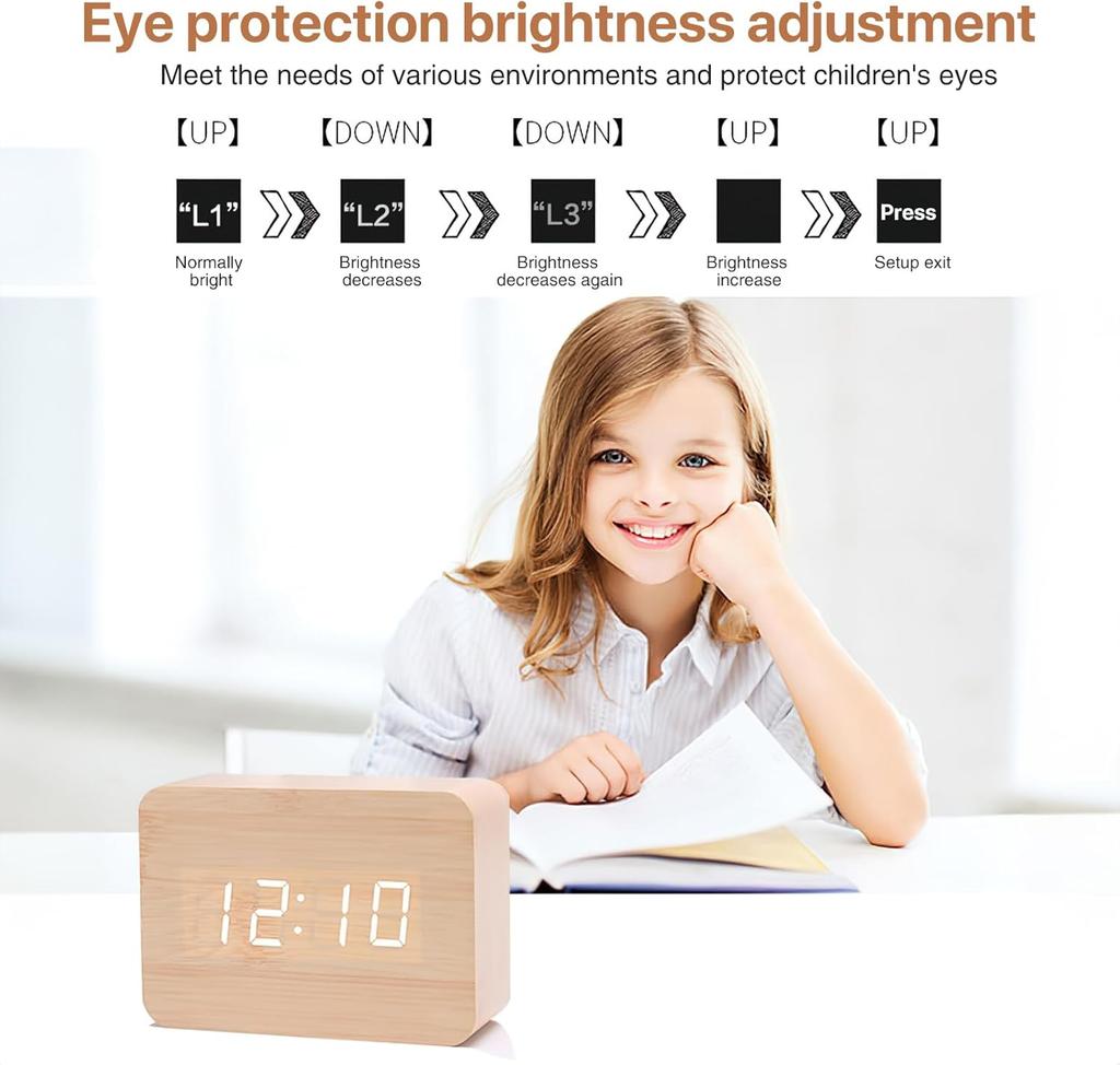 Retro Square Wooden LED Digital Student Alarm Clock Temperature Night Light Display Clock Fashion Wooden Home Decoration Clock
