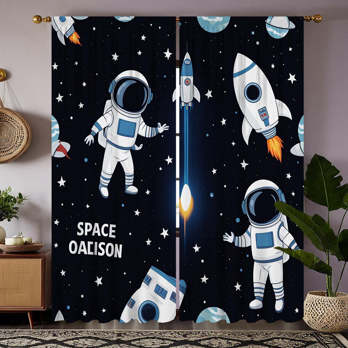 

2 Pieces HD Digital Black Department Cartoon Planet Space Astronaut Curtains Home Decorating Style Decorating Living Room Bedroo W52H63inchW132H160cm