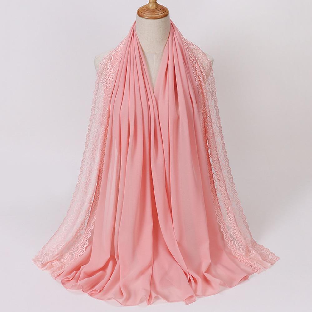 Solid Color Silk Scarf Lace Edge Ramadan Headscarf Versatile Sunscreen Shawl  Women Headwear