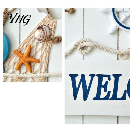 Blue And White Ocean Sign Mediterranean Style Wooden Welcome Sign, Starfish Shells Hanging Nautical Decor Plaque, Decorative Wall Art for Home