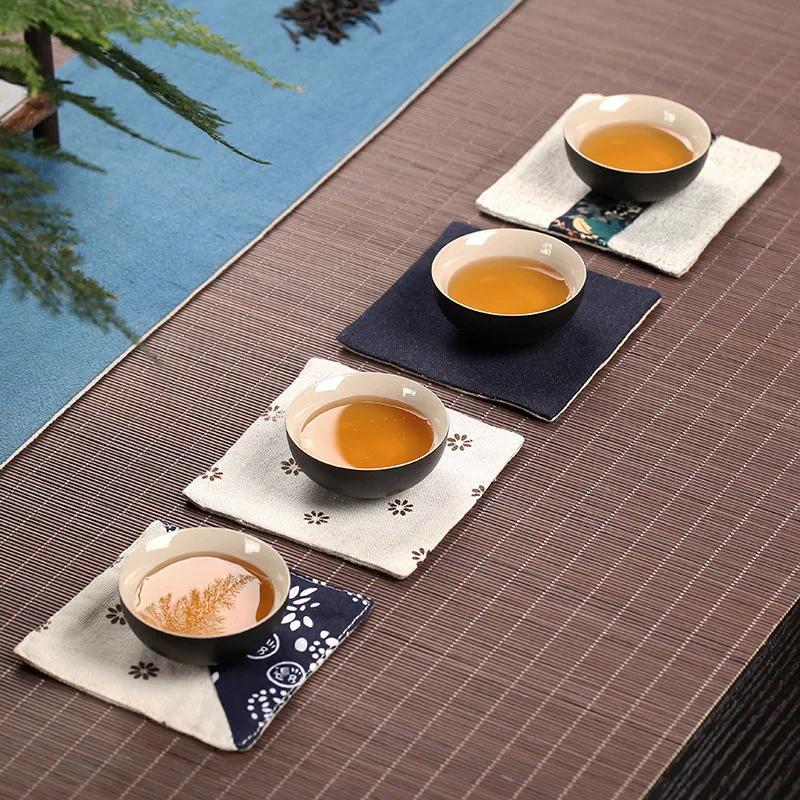 Cotton and Linen Kung Fu Tea Coasters Simple Solid Color Square Coaster Anti-scald Absorbent Heat Insulation Mat Home Mats