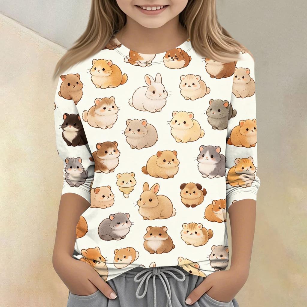 Kinder Tierdruck Rundhals 3/4 Ärmel Lässiges T-Shirt Weicher Stoff Bequeme Passform Leichtes Design Geeignet für den Alltag