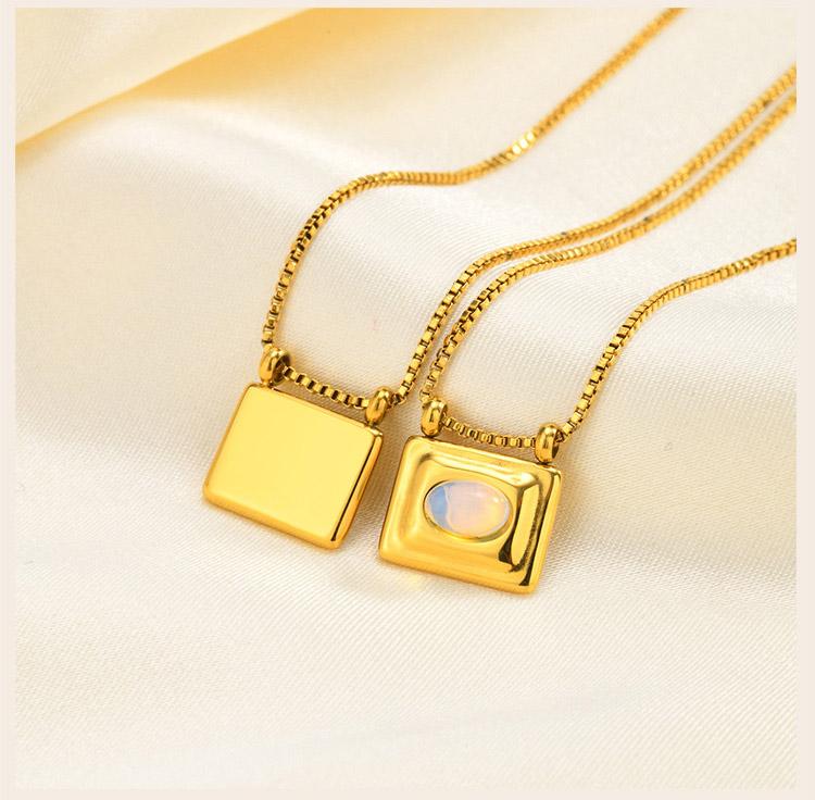 Square Pendant Necklace Stainless Steel Natural Stone Inlay Box Chain for Women Vintage Healing Jewelry Waterproof