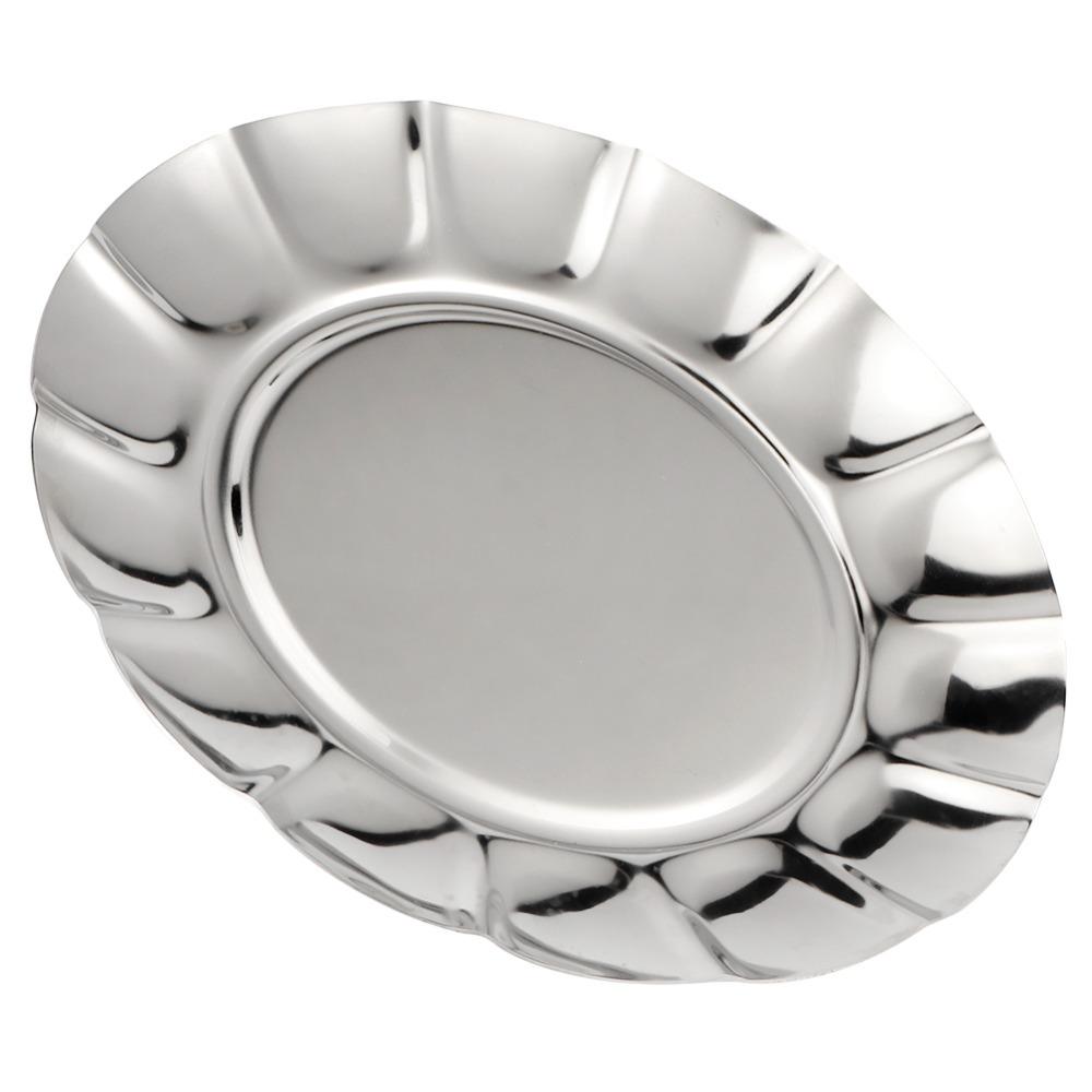 Portable Rustless Steel Food Tray Lotus Edged Polished Snack Dish Thickened Shallow Round Storage Tray Home