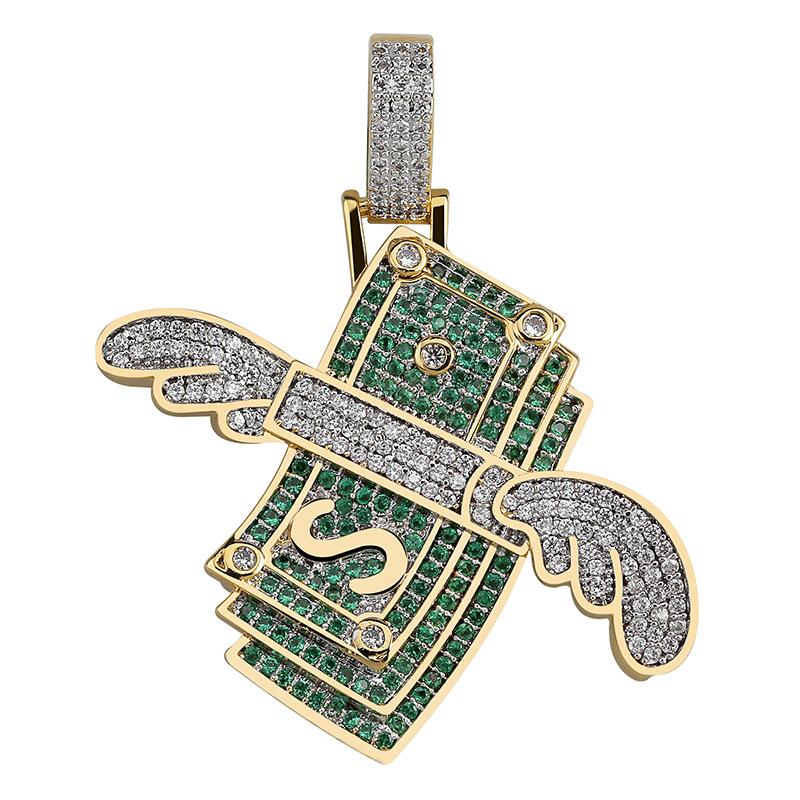 Hip Hop Bling Iced Out Cz Money With Wings Pendant Zircon Sweater Rope Chain Necklace Jewelry