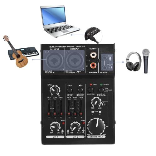 2-Channel USB DJ Mixer with EQ Phantom Power Compact Sound Card Audio Mixer Board for Live Performance and Recording