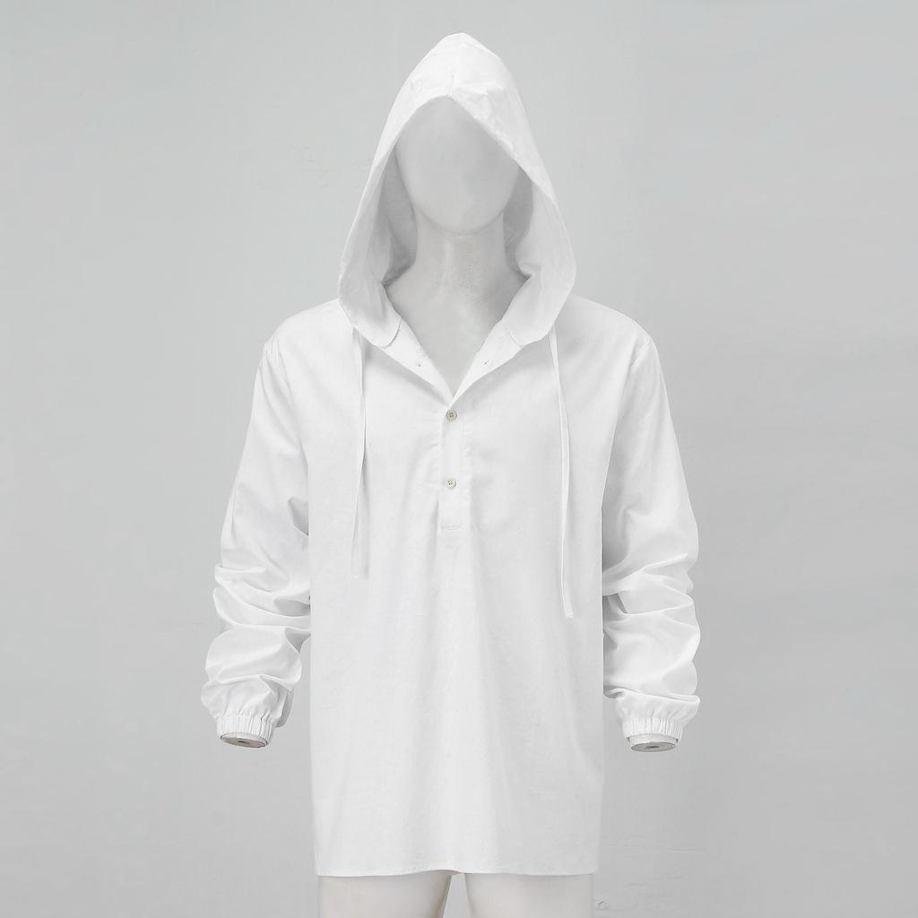 Men Shirts Hooded Solid Color Long Sleeve Tops Casual Buttons Cotton Linen Vintage Summer Beach Shirts