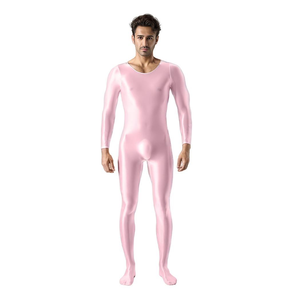 Mens Oil Glossy Bodystocking Full Bodysuit Long Sleeve Unitard Jumpsuits Stretchy Sheer Silky Romper Club Party Workout Onesie