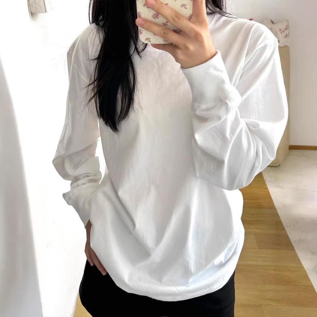 Women's White Pure Cotton Long-Sleeve T-shirt - Round Neck, Loose Fit, Ideal for Layering in Spring, Autumn, and Winter.