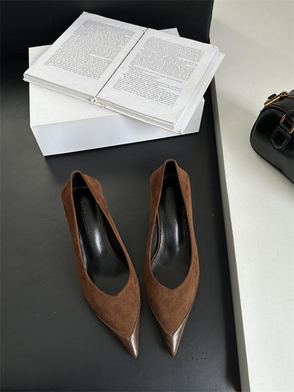 

Весна и лето 2025 новая корейская версия модный темперамент замшевая вставка туфли на высоком каблуке с острым носком туфли-лодочки 39 темно-коричневого