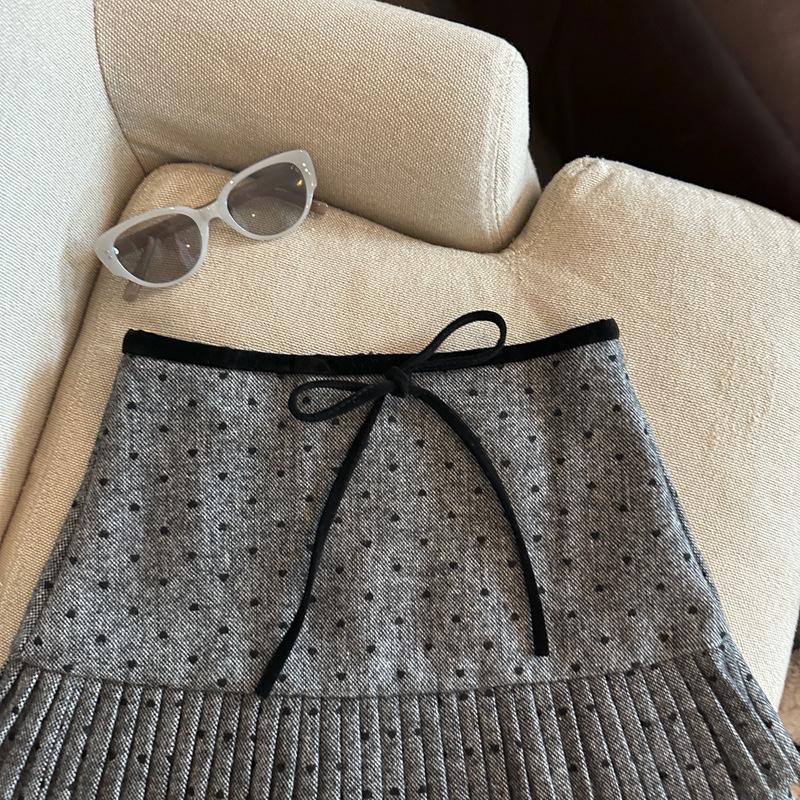 Korean Grey Polka Dot Woolen High-Waisted Mini Skirt with Bow Knot