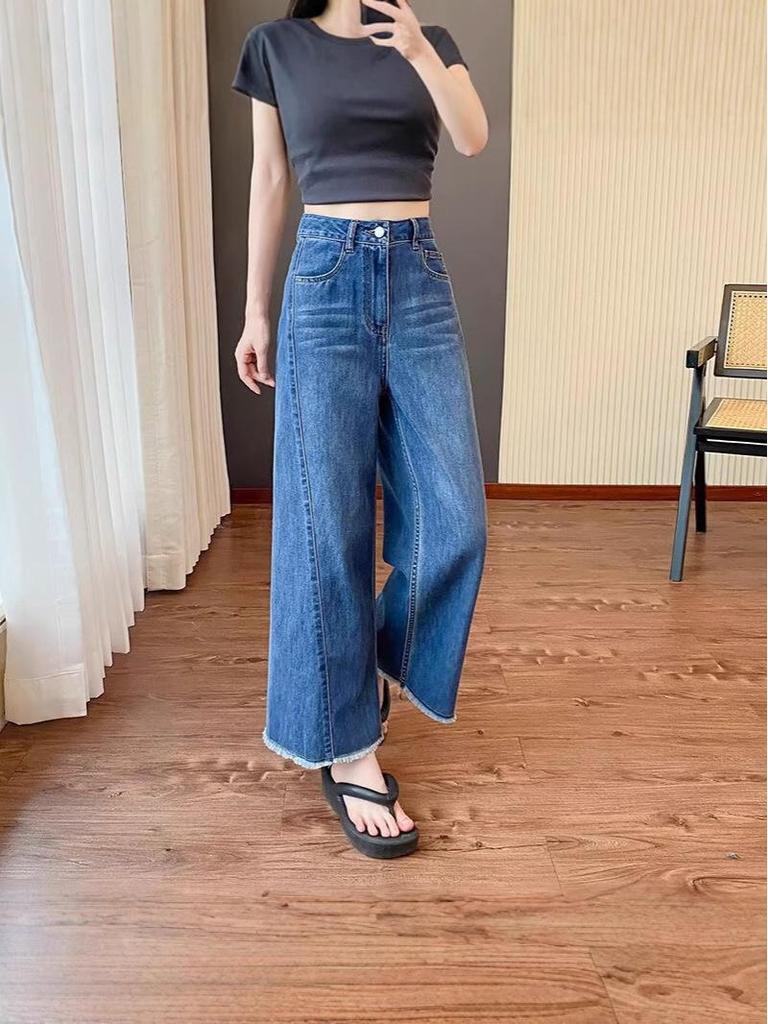 2025 Summer Women's High Waist Frayed Hem Retro Cropped Jeans - Loose, Slimming Wide Leg Style