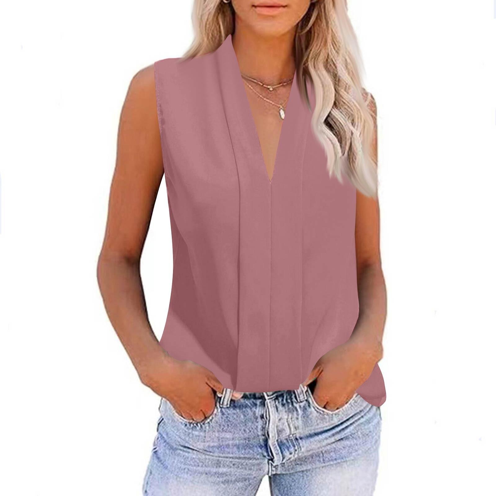 

Женская летняя мода V-образный вырез повседневная без рукавов блузка однотонные топы S