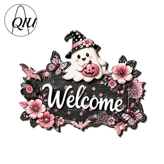 3D Floral Pumpkin Wall Art Halloween Ghost Wooden Welcome Door Hanger Sign, Cute Ornament with Bell Durable Sign for Porch Hanging Rope, Decor Indoor