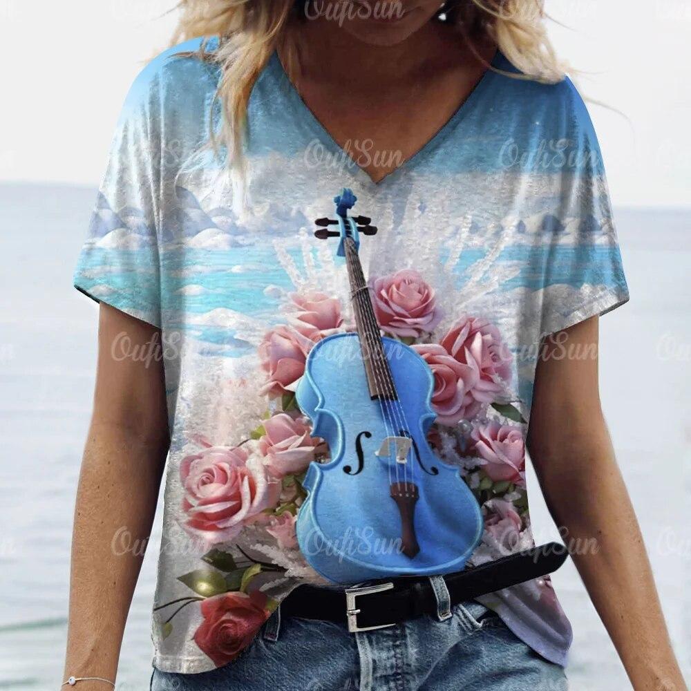 Aesthetic V Neck Women T-Shirts Guitar Graphic Fashion Short Sleeve Harajuku Y2k Floral Tops Oversized Casual Tee Female Clothes
