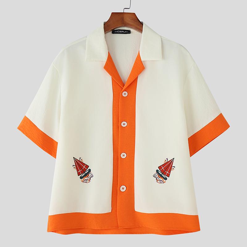 

INCERUN Летние мужские рубашки с лацканами, коротким рукавом, принтом со швами, повседневные, праздничные, оверсайз 2XL оранжевый