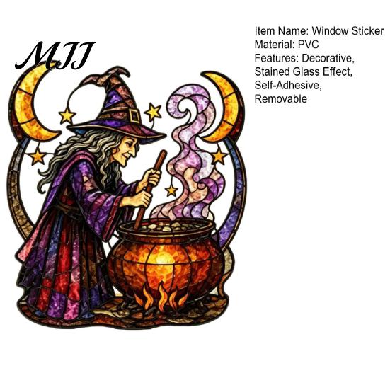 Spooky Home Window Ornaments Halloween Witch And Medicine Cauldron Sticker, Stained Glass Effect PVC Decal Removable Party Supplies for Doors
