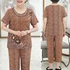 2Pcs/Set Grandma T-shirt Pants Suit Summer Short Sleeve O Neck Elegant Flower Print Breathable High Elastic Elderly Women Mom Top Cropped Trousers Kit