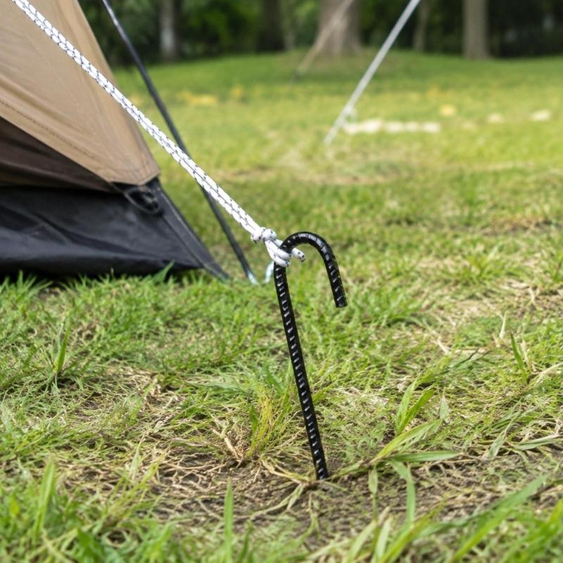 Camping Tent Stakes with a Pointed Ground End and J-Bend Head, Steel 8-Piece Set for Shelter Cord, Tarps, and Canopies
