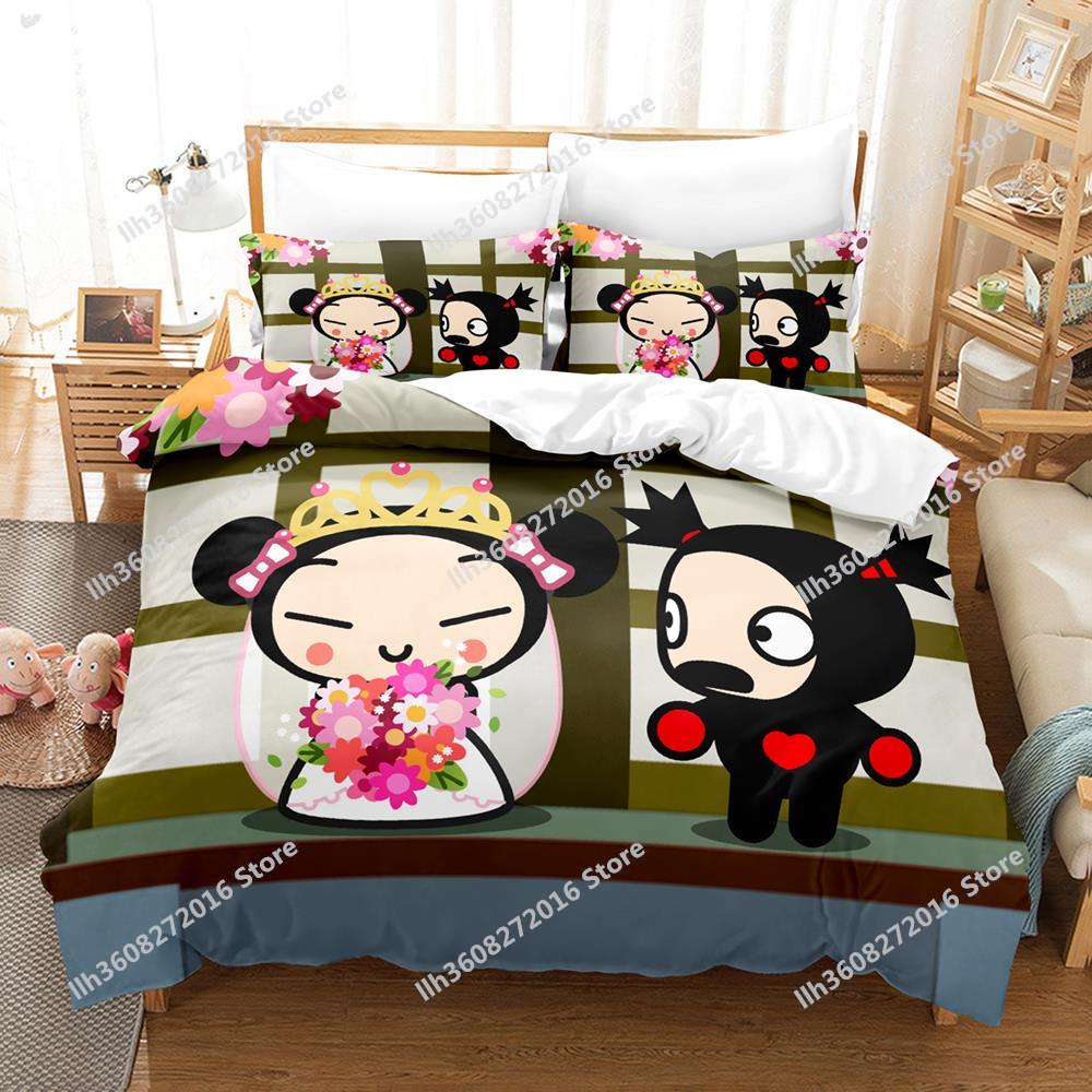 Kawaii Pucca Bedding Set Single Twin Full Queen King Size Bed Set Adult Kid Bedroom Duvetcover Sets 3D Print Anime Bed Sheet Set
