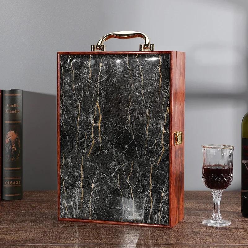 Scatola Doppia per Vino Rosso con Motivo Marmo di Lusso Scatola in Legno Retrò Organizzatore per Vino Conservazione Champagne Scatola Regalo Confezione Bottiglia Con Manico