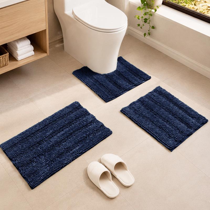 Chenille Bathroom Mat Set, Water Absorbent Toilet Floor Mats, Non‑Slip Bath Mat With U‑Shaped Toilet Rug For Home Bathroom