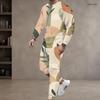 Men Plus Size Printed Two Piece Set Round Neck Long Sleeve Top Cuffed Pants