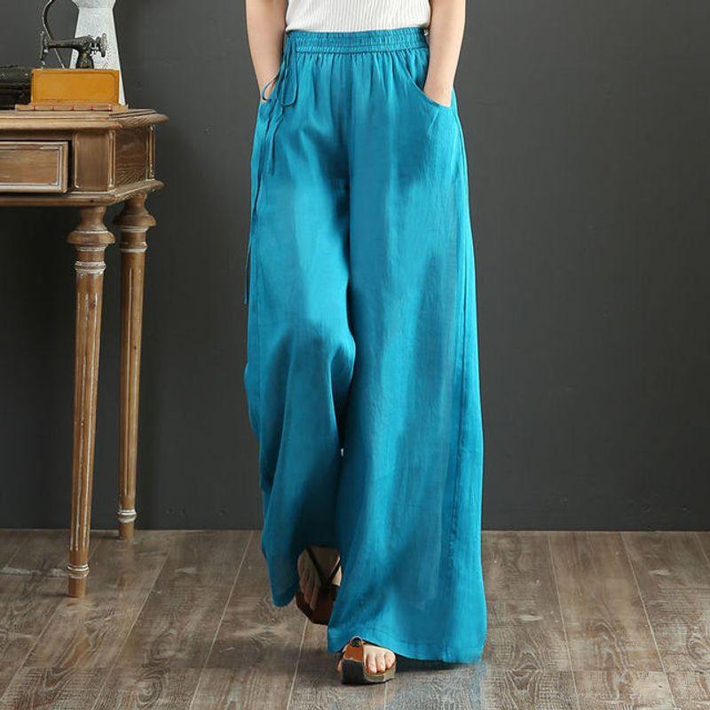 

Oversized Elastic Waist Wide Leg Pants Cotton Linen Plus Size Elastic Waist Loose Pants Blue S