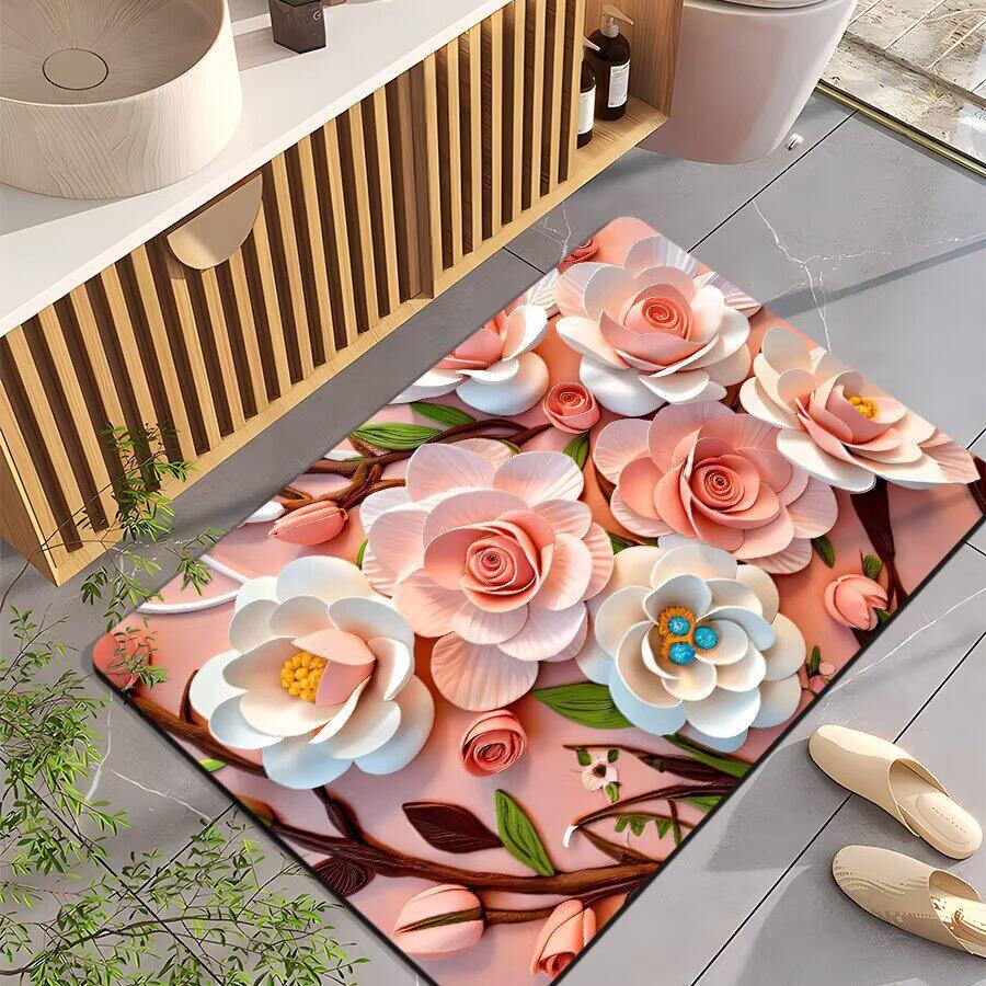3D Visual Flower Diatomaceous Earth Floor Mat Toilet Bathroom Absorbent Quick Drying Floor Mat  Dirt Resistant Easy To Maintain Anti Slip Foot Mat 40*50cm [diatom mud]